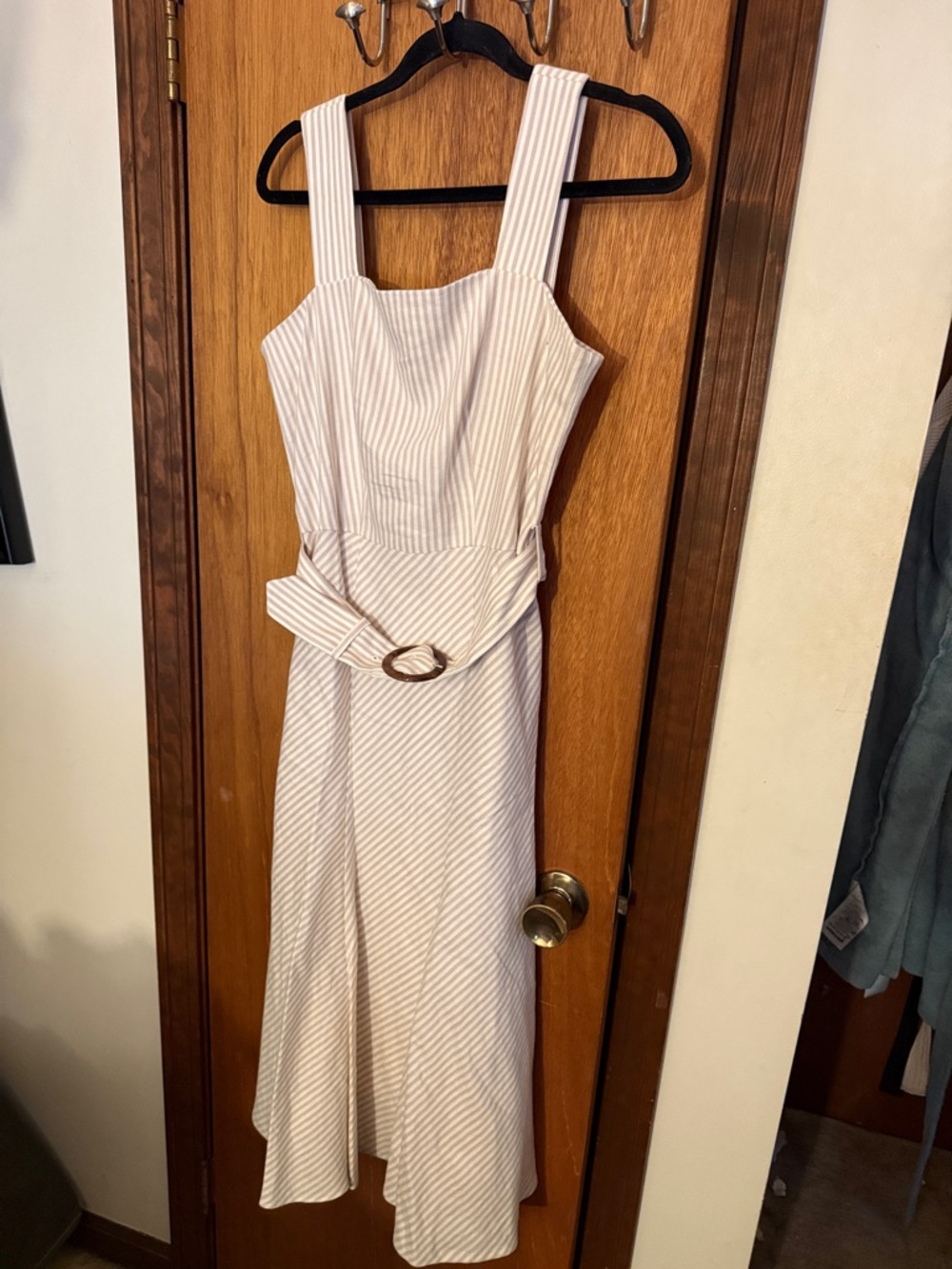 ANN TAYLOR Women’s Cream Striped Belted Midi Dress